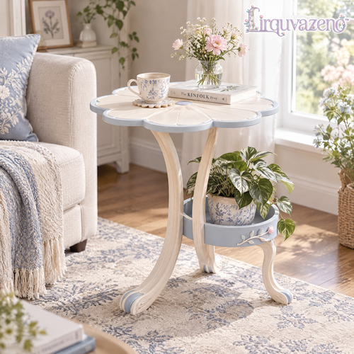 Lirquvazeno Blue Petal Side Table with Plant Shelf — view 1