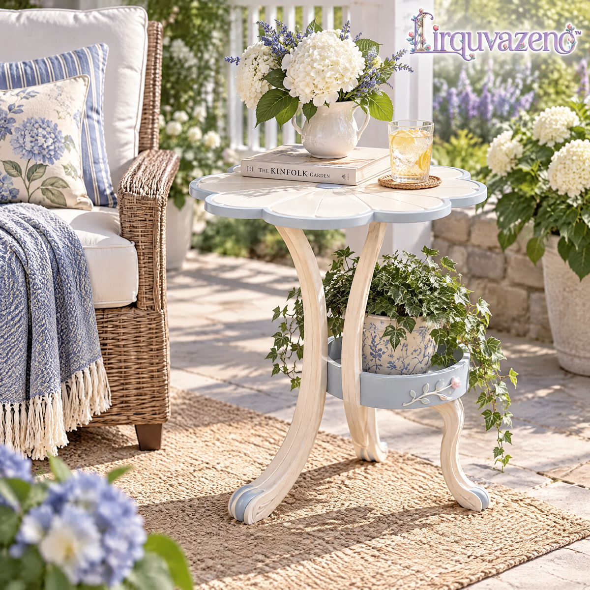 Lirquvazeno Blue Petal Side Table with Plant Shelf — view 2