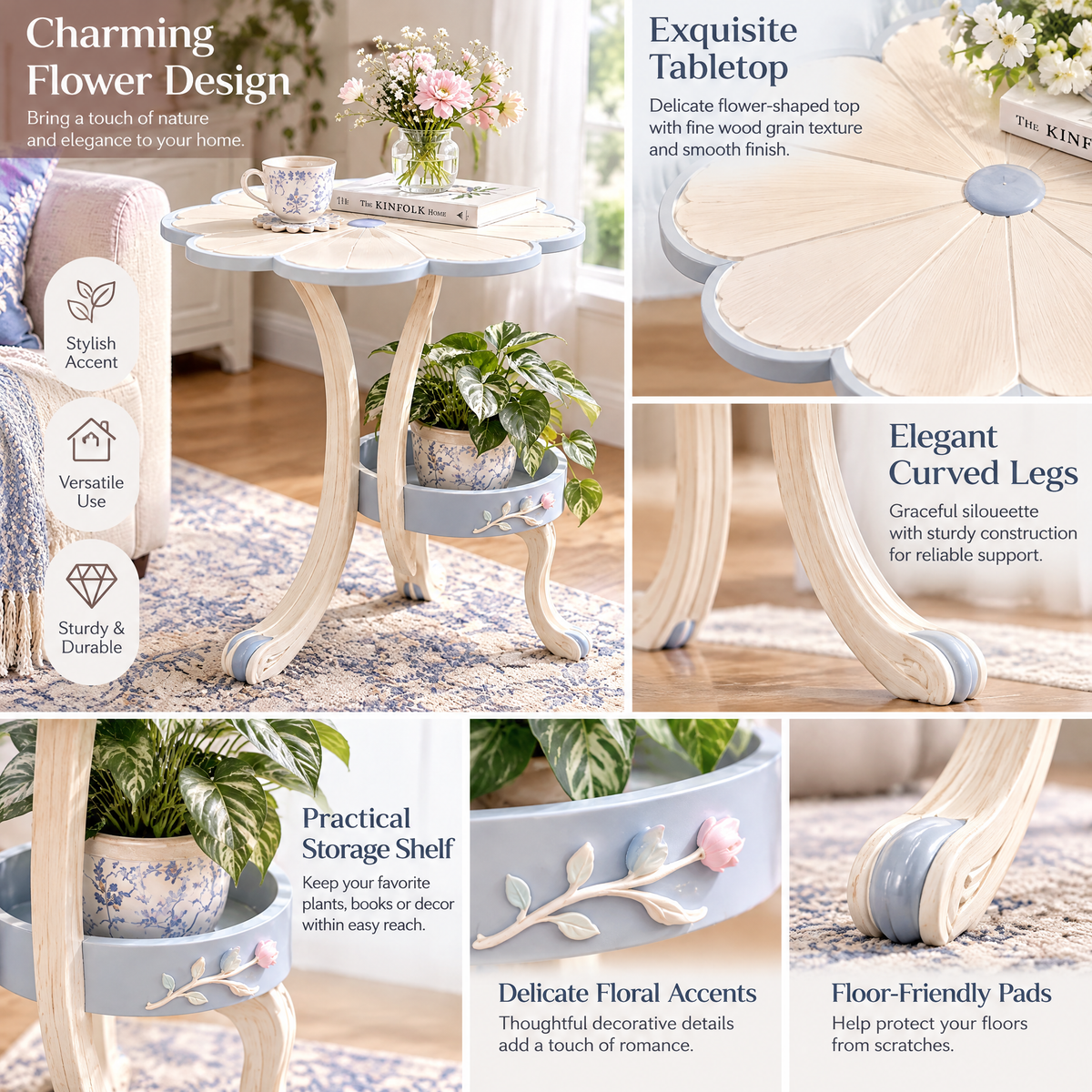 Lirquvazeno Blue Petal Side Table with Plant Shelf — view 3